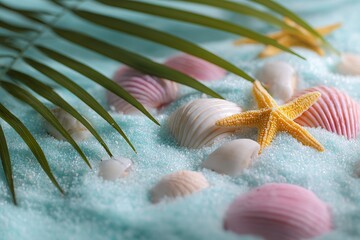 White sand with colorful seashells and starfish on the beach, pastel blue background, aesthetic style, tropical theme, close-up shot, product photography, high resolution.