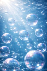 Close-up view of transparent soap bubbles floating in water with iridescent reflections and soft light. The image represents lightness, purity, joy, freshness, and abstract beauty.