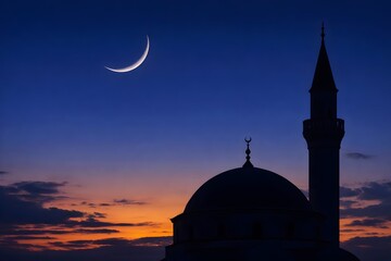 Silhouetted mosque dome and minaret stand against a vibrant twilight sky featuring a prominent crescent moon.