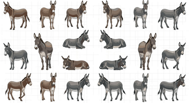 Vector Illustration Set of Donkeys in Various Standing and Resting Poses