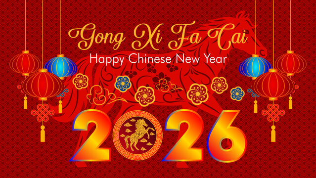Vibrant Chinese New Year 2026 celebration artwork featuring Gong Xi Fa Cai lettering, Fire Horse zodiac emblem, hanging lanterns, floral ornaments, and rich red festive patterns.
