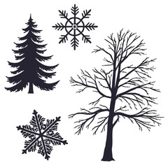 Winter trees and snowflakes