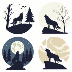 Silhouettes of wolves howling under the moon