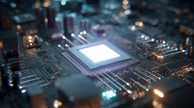Close up of computer processor and circuit board with glowing details