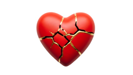 Broken heart with gold repair isolated on transparent background