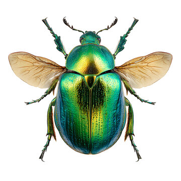 A vibrant iridescent green beetle spreads its wings against a contrasting black background