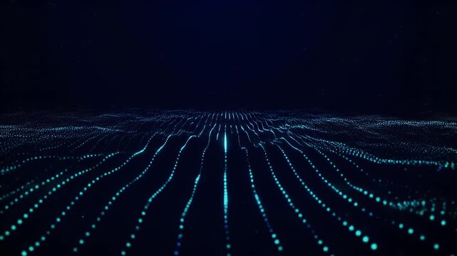 A dark blue digital landscape with glowing turquoise lines and dots creating a futuristic, wavy effect. Tiny, bright points