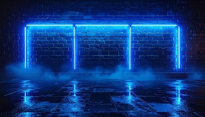 Vibrant blue neon lights illuminate a smoky, wet urban alleyway at night, creating a futuristic atmosphere.