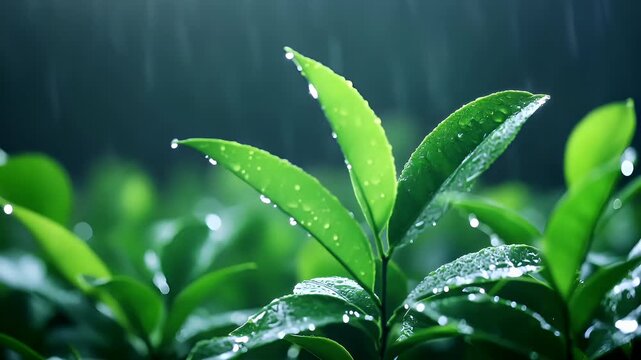 Tea industry. Tea leaves. Plantation. Culture. green leaves with water droplets on them, set against a blurred background of raindrops and green foliage.