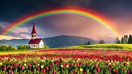 A vivid, colorful depiction of a church with a rainbow in the sky, set against a backdrop of a mountainous landscape. The church is white with red roofs and a red steeple.