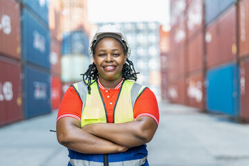 Portrait of a happy african american female worker wearing a hard hat and safety vest, standing...