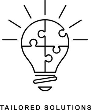 Tailored solutions icon with light bulb and jigsaw puzzle pieces in minimalist line art