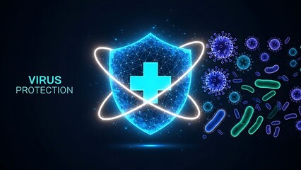 Konsep perlindungan virus dengan perisai dan simbol palang medis