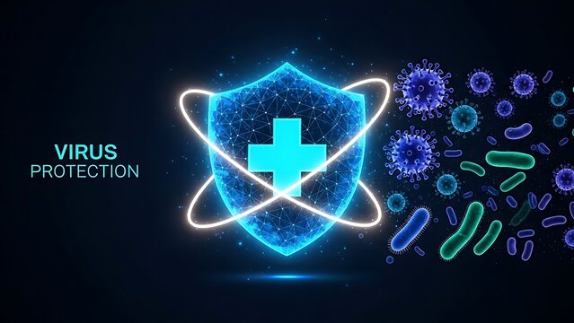 Konsep perlindungan virus dengan perisai dan simbol palang medis