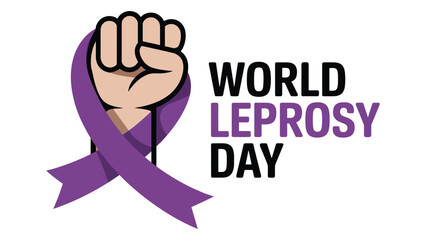  World Leprosy Day awareness illustration with raised fist and purple ribbon symbol on white background promoting global health education solidarity and disease prevention
