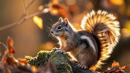Obraz premium squirrel in autumn forest with vibrant colors and soft bokeh background, wildlife photography, nature close-up, cute animal portrait - AI Generated Digital Art
