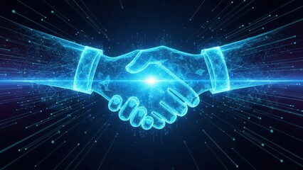 Abstract corporate partnership background with glowing blue digital handshake