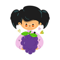 Cute child cartoon character holding a fresh grape bunch