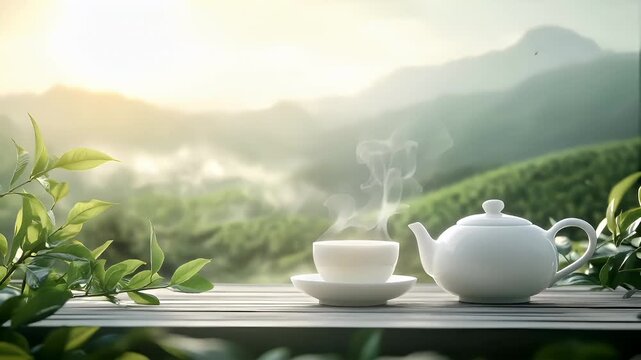 Tea industry. Tea leaves. Plantation. Culture. A serene, naturethemed scene featuring a wooden table with a white teapot and cup on it.