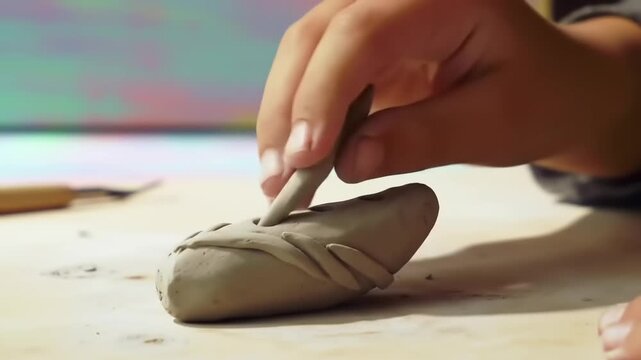 Artisan hands sculpting clay piece on wooden table craft workshop setting
