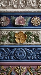 Intricate floral reliefs adorn the colorful wall, showcasing stunning craftsmanship and attention to detail, highlighting the beauty of decorative art and design elements.