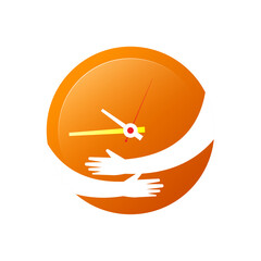 Vector illustration of hands hugging round clock. saving time, management, productivity, valuing every moment. Concept of efficiency, smart planning, work life balance, deadline control protection