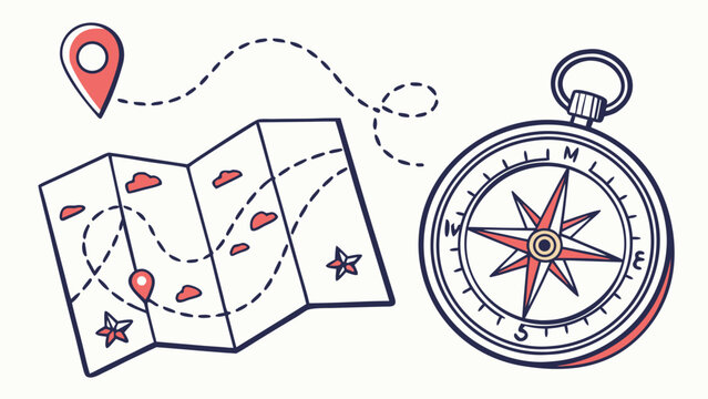 Hand-drawn map with a compass and location pin, symbolizing adventure and exploration