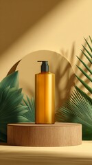 Elegant amber bottle surrounded by lush green palm leaves, beautifully arranged on a wooden pedestal against a soft beige backdrop, perfect for beauty product promotions.