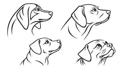 Four distinct dog head profiles in elegant line art, showcasing diverse breeds and expressions.