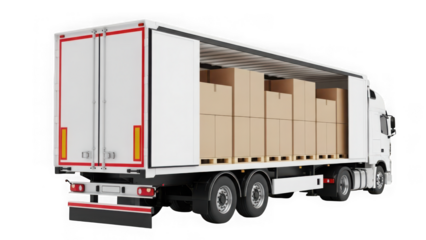 White delivery truck with open rear door showing cardboard boxes inside isolated on transparent background