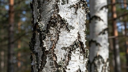 Obraz premium Close up view of textured white birch tree bark with grey lichen in a forest