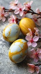 Colorful decorative Easter eggs nestled among delicate cherry blossom branches, showcasing spring's beauty and vibrant seasonal transitions perfect for festive celebrations.