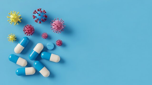 Pil dan virus dengan latar belakang biru untuk konsep perawatan kesehatan