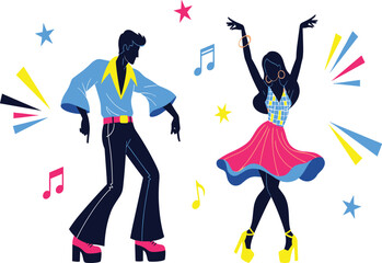 Colorful retro disco dancers, man and woman performing energetic dance moves, vibrant 70s style, music, nightlife, vintage party celebration illustration.