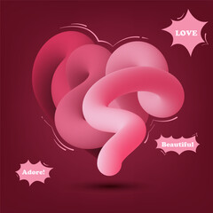Romantic fluid heart made of twisted pink tubes on a dark red background