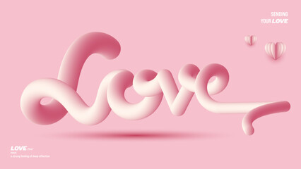 Fluid typography love text line with paper cut heart on soft pink background