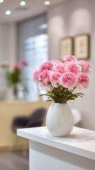 A beautifully arranged bouquet of pink flowers in a modern vase, set against a softly blurred background that highlights the elegance of the interior design and decor.