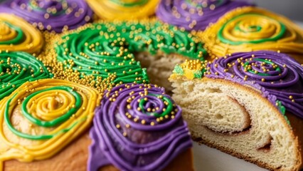 Classic royal cake with colorful frosting in Mardi Gras colors, cinnamon filling, and festive sprinkles. AI generated.