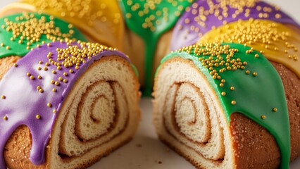 Classic royal cake with colorful frosting in Mardi Gras colors, cinnamon filling, and festive sprinkles. AI generated.