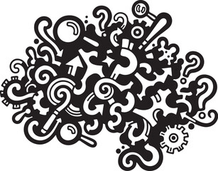 Black and white doodle illustration of question marks symbols