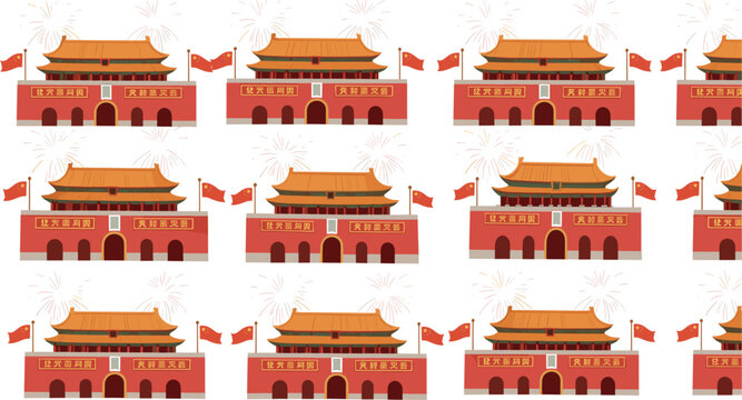 Vector Illustration Set of Tiananmen Square and Forbidden City with Chinese Flags