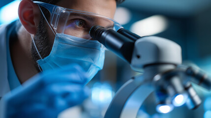 Faceless scientist looking biochemical cell in laboratory using microscope, investigating molecular biology, cellular research, microbiological examination, defocused researcher, with copy space