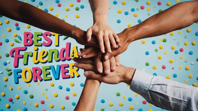 Several people stacking their hands together in a symbol of friendship and unity on colorful background