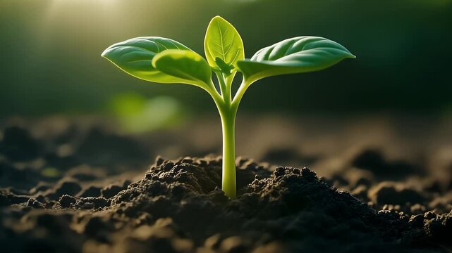 A close-up shot of a young, green plant sprouting from a mound of dark soil. The leaves are illuminated by soft light