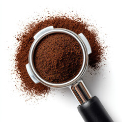 Freshly ground coffee powder stainless steel portafilter white