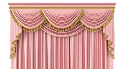 Elegant Pink Curtain Illustration with Decorative Gold Valance and Tassels isolated PNG with Transparent Background