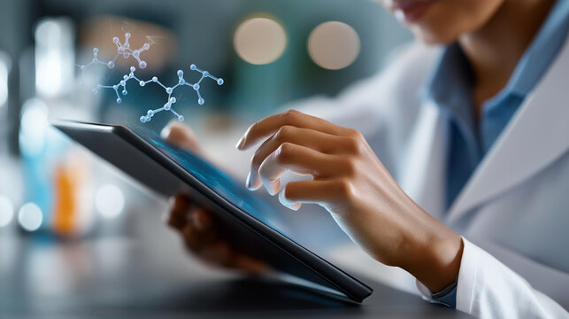 Faceless scientist analyzing molecular structures on tablet, digital genetic research, mobile biotechnology analysis, portable scientific investigation, defocused researcher with device, with - Powered by Adobe