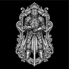 Detailed Medieval Knight Illustration in Ornate Frame