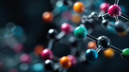Colorful molecular structure highlighting scientific concepts in closeup view, chemical compound visualization, atomic bonds representation, molecular biology education, with copy space