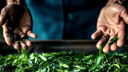 Tea industry. Tea leaves. Plantation. Culture. A closeup image of a persons hands holding a handful of freshly harvested green tea leaves. The person is wearing a dark blue shirt.